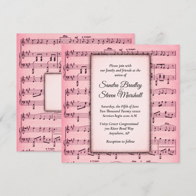 Sheet Music Pink Wedding Invitation (Front/Back)