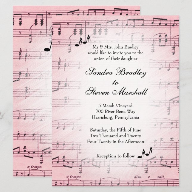 Sheet Music Pink Wedding Invitation 2 (Front/Back)