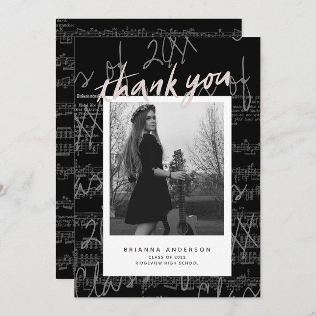 Sheet Music Script Blk Photo Graduation Thank You Invitation (Front/Back)