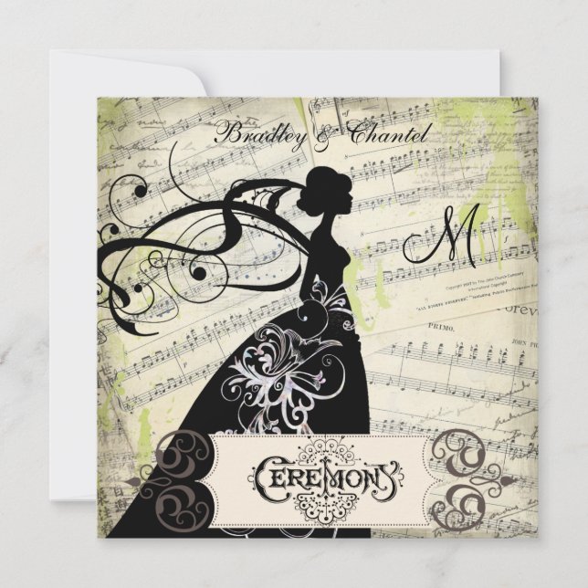Sheet Music Silhouette Bride Wedding Invite (Front)