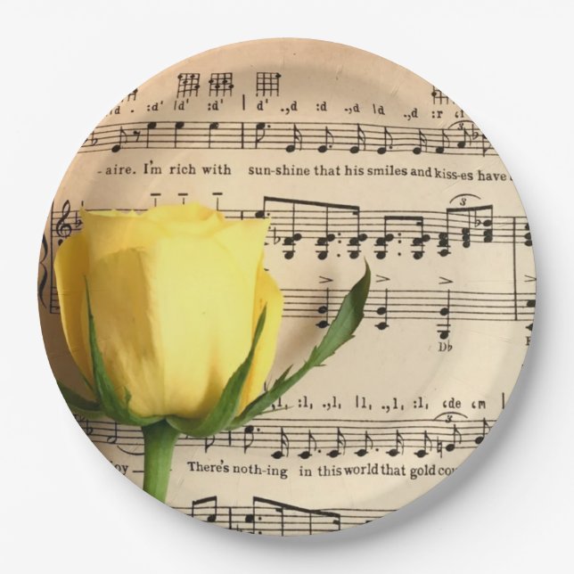 Sheet Music Yellow Rose Paper Plate (Front)