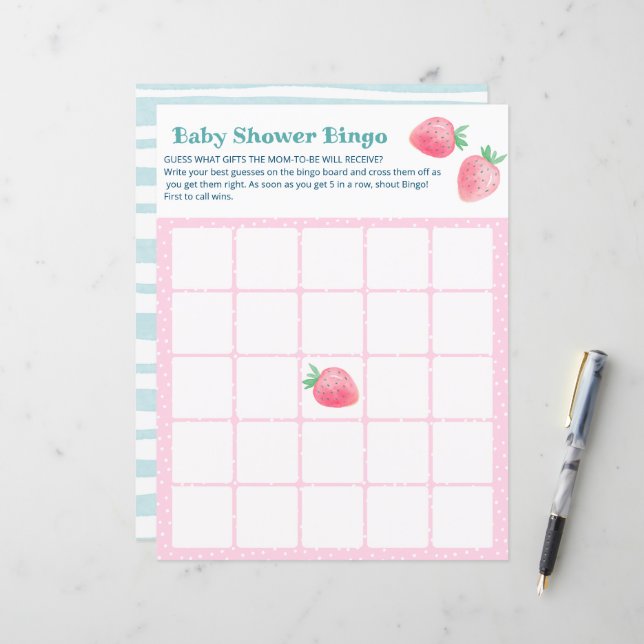 Sheet of baby shower game cute strawberries. (Front/Back In Situ)