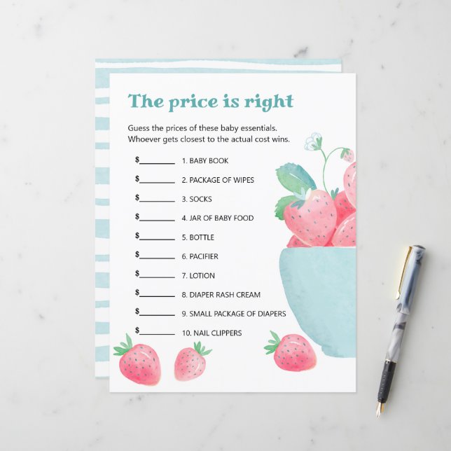 Sheet of baby shower game cute strawberries. (Front/Back In Situ)