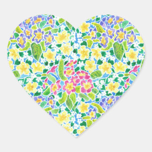 Sheet of Heart-shaped Stickers, Pretty Primroses Heart Sticker