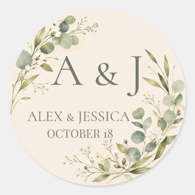 Sheet:Personalised Botanical Greenery Wedding  Classic Round Sticker (Front)