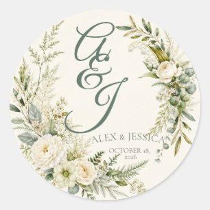 Sheet:Personalised Botanical Initials Envelope Classic Round Sticker