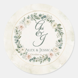 Sheet: Personalised Botanical Wedding Envelope Classic Round Sticker
