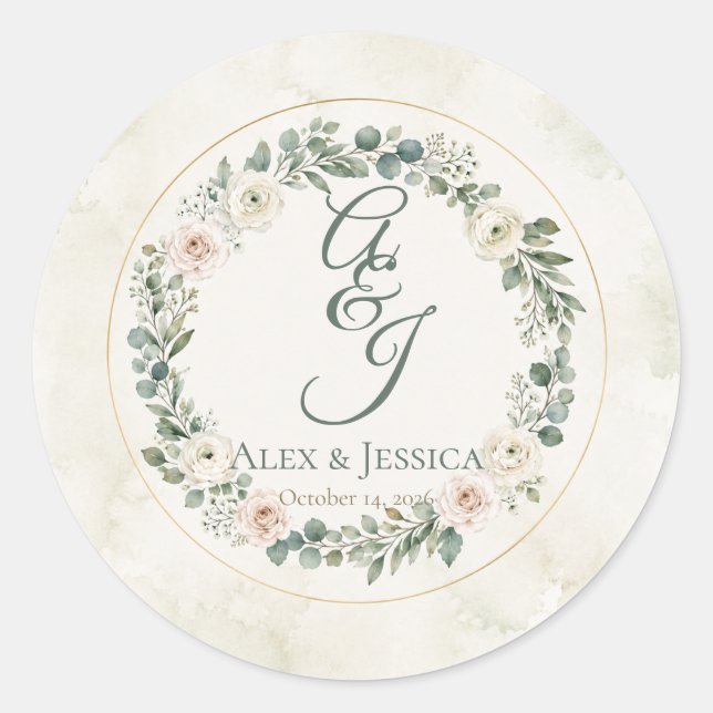 Sheet: Personalised Botanical Wedding Envelope  Classic Round Sticker (Front)