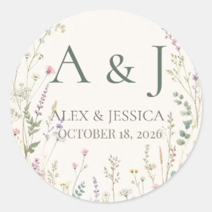 Sheet:Personalised Wildflower Wedding Envelope Classic Round Sticker