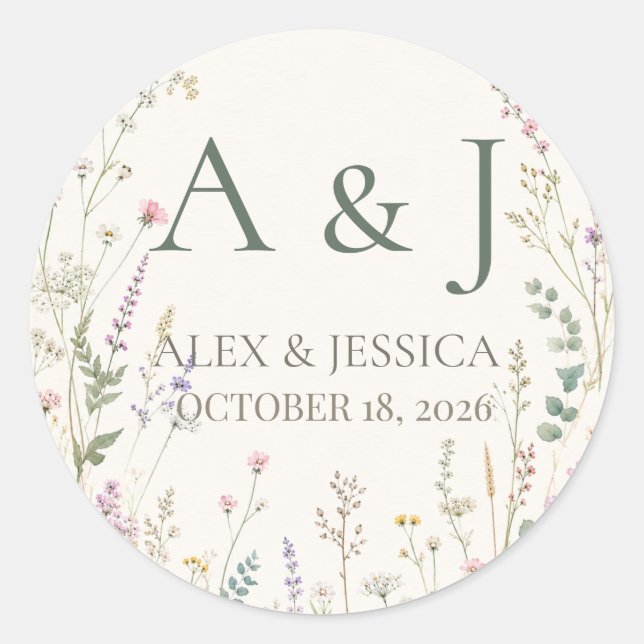Sheet:Personalised Wildflower Wedding Envelope  Classic Round Sticker (Front)