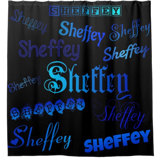 Sheffey Fonts - Shades of Blue on Black shower Curtain (Front)