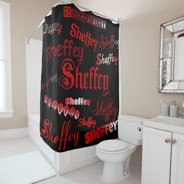 Sheffey Fonts - Shades of Red on Black Shower Curtain (In Situ)