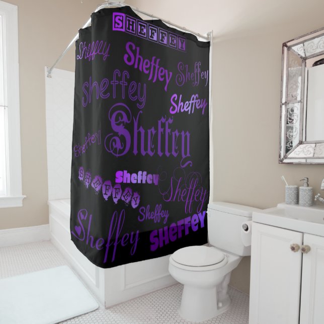 Sheffey Purple Fonts Shower Curtain (In Situ)