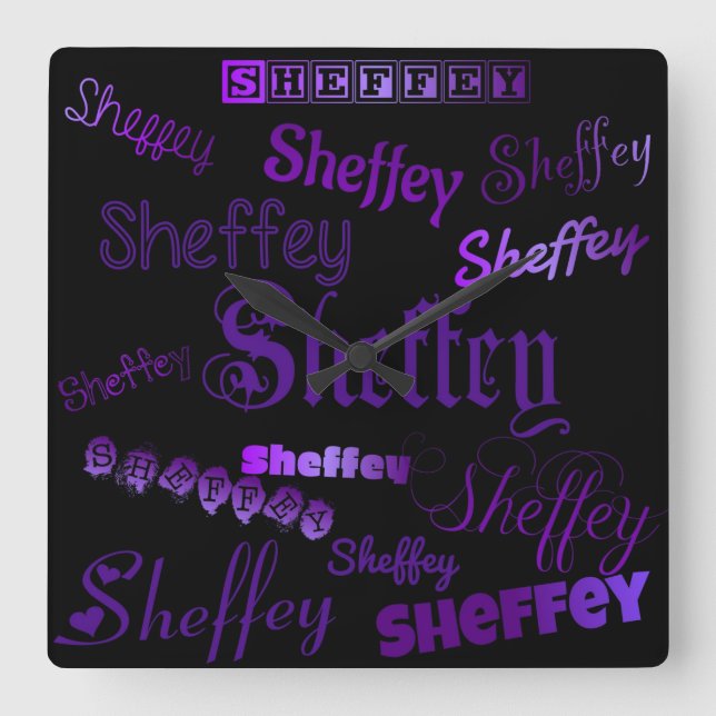 Sheffey Purple Fonts Square Wall Clock (Front)