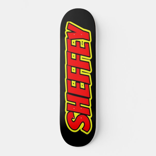 Sheffey Red Comic Fonts Skate board deck (Front)