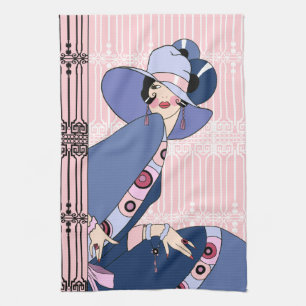 Shelby, 1920s Art Deco Lady in Pink and Blue Tea Towel