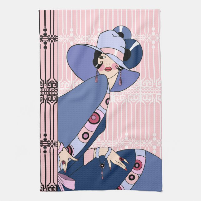 Shelby, 1920s Art Deco Lady in Pink and Blue Tea Towel (Vertical)