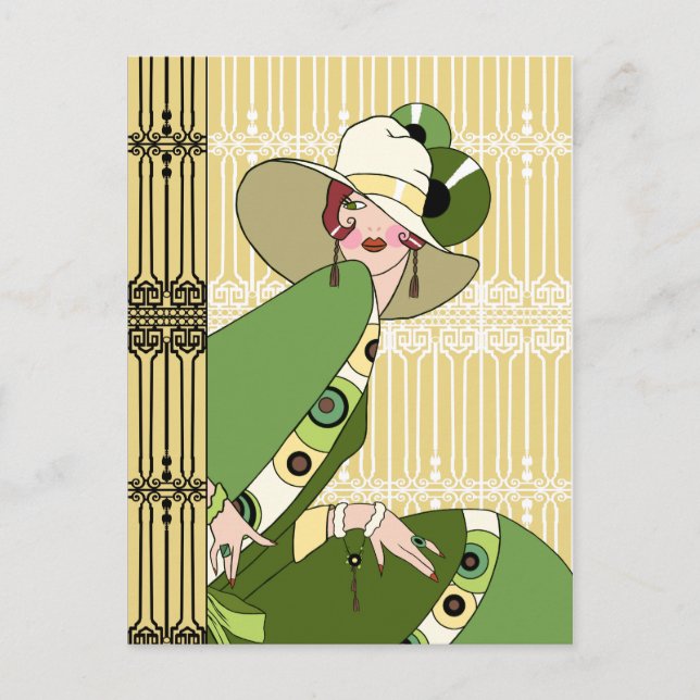 Shelby, 1920s Art Deco Lady in Yellow and Olive Postcard (Front)