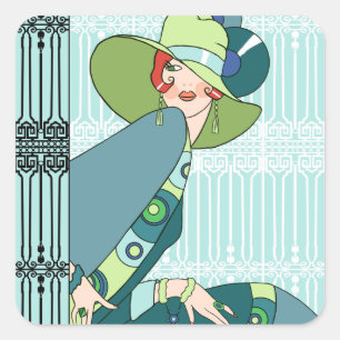 Shelby, 1920s Lady in Aqua and Teal Square Sticker