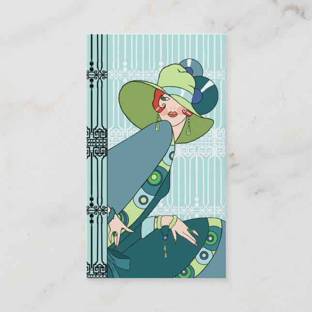 Shelby, 1930s Lady in Aqua and Teal Business Card (Front)