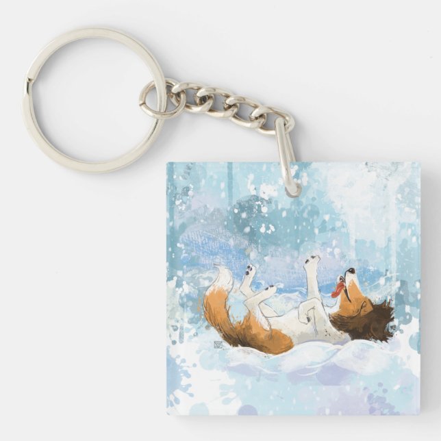 Sheldon the Sheltie Plays in the Snow Key Ring (Front)