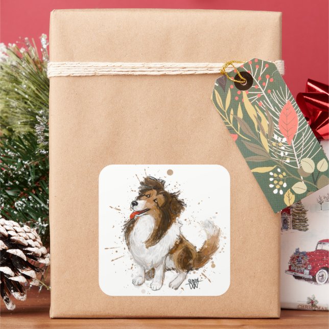 Sheldon the Sheltie Square Sticker (Holiday)