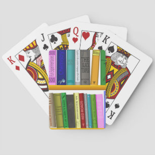 shelf books library reading playing cards