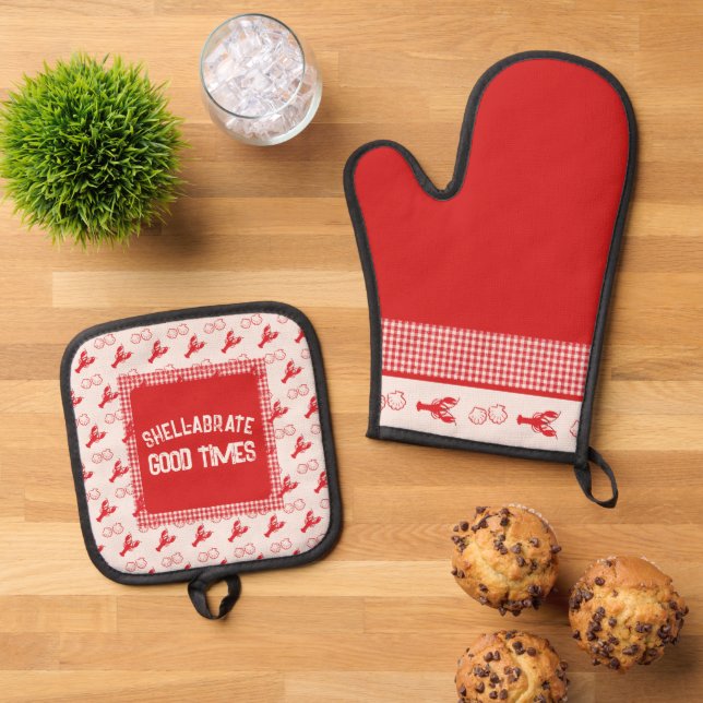 Shell-abrate Good Times Casual Seafood Gingham Oven Mitt & Pot Holder Set (Top Down)