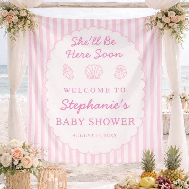 Shell Be Here Soon Fabric Baby Shower Welcome Sign Tapestry (Creator Uploaded)