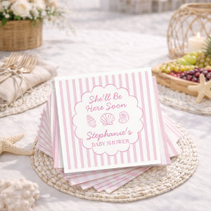 She'll Be Here Soon Pink Sea Shells Baby Shower Napkin