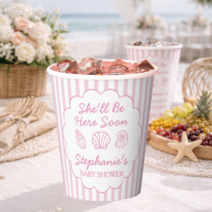 She'll Be Here Soon Pink Sea Shells Baby Shower Paper Cups