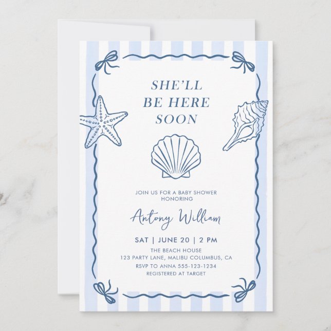 She'll Be Here Soon Seashell Baby Shower Invitatio Invitation (Front)