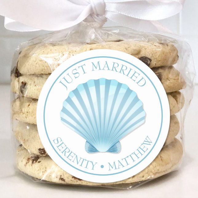 Shell Beach Blue Nautical Wedding Just Married Classic Round Sticker (Creator Uploaded)