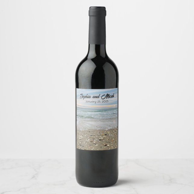 Shell Beach Sunrise Wedding Wine Bottle Labels  (Front)