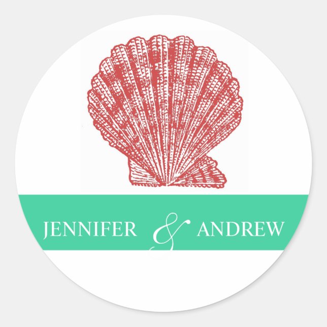 Shell Bride Groom Names Wedding Stickers (Front)