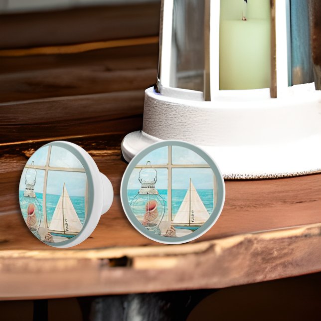 Shell Lantern Window Sailboat at Beach Watercolor Ceramic Knob (Creator Uploaded)