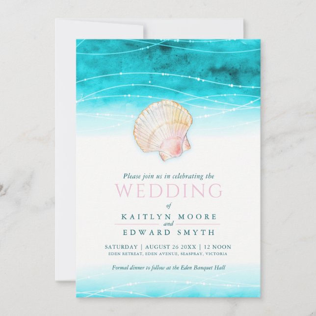 Shell ocean watercolor wedding aqua pink invitation (Front)