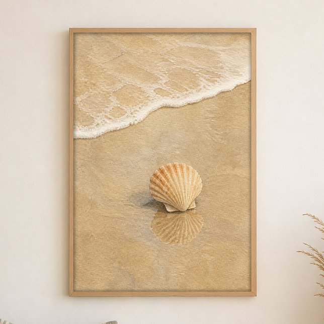 Shell on Wet Sand Watercolour Coastal Art Poster (Shown framed for scale. Poster ships unframed; frames are an optional add-on.)