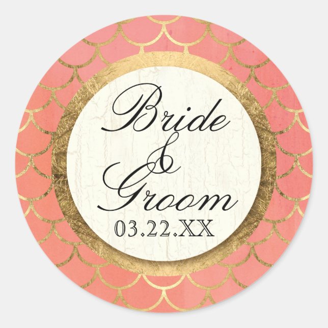 Shell Pattern Art Deco Gold Leaf Formal Wedding Classic Round Sticker (Front)