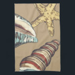 Shell Trio on Khaki Tea Towel<br><div class="desc">Megan Meagher is known for her simple art pieces. This is a great image of decorative art capturing the sea life with a yellow starfish and a blue and red conch shell. Get this fine art print today on Khaki colour on your Zazzle product.</div>