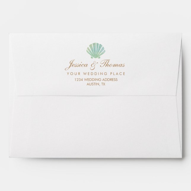 Shell Watercolor Aqua Wedding Envelope (Back (Top Flap))