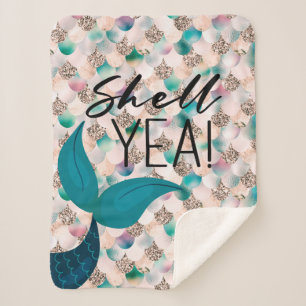 Shell Yea Teal & Gold Glam Mermaid Tail & Scales Sherpa Blanket