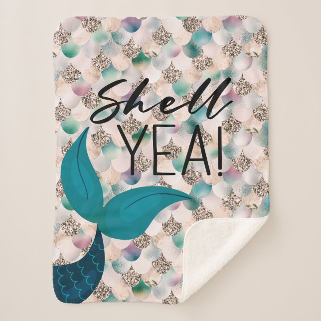 Shell Yea Teal & Gold Glam Mermaid Tail & Scales Sherpa Blanket (Front)
