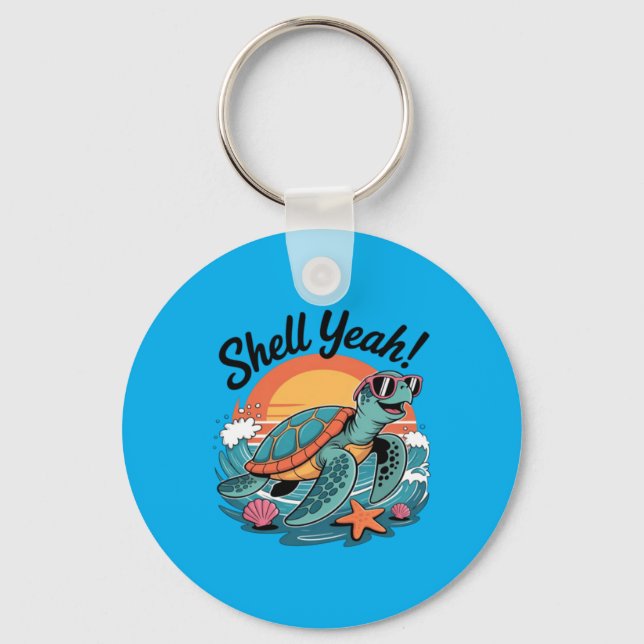 Shell Yeah Cute Turtle Ocean Beach Pun Summer Key Ring (Front)