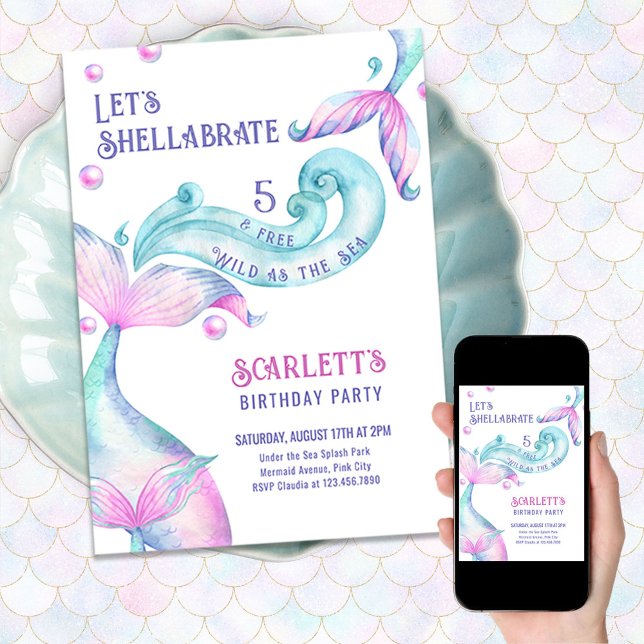 Shellabrate Mermaid Tails Wild as the Sea Birthday Invitation (Creator Uploaded)