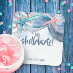 Shellabration | Watercolor Beach Starfish Seashell Square Paper Coaster<br><div class="desc">Beach theme paper drink coasters feature watercolor starfish seashells with a "let's shellabrate" caption in slate blue handwriting script and an additional line of text that can be personalised.  Art by KL Stock</div>