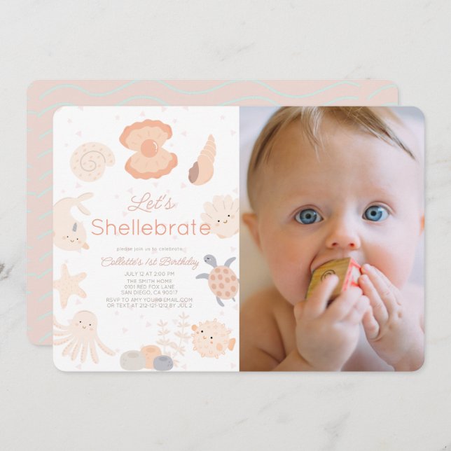 Shellebrate Seashell Pink 1st Birthday Photo Invitation (Front/Back)