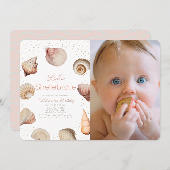 Shellebrate Seashell Realistic 1st Birthday Photo Invitation (Front/Back)
