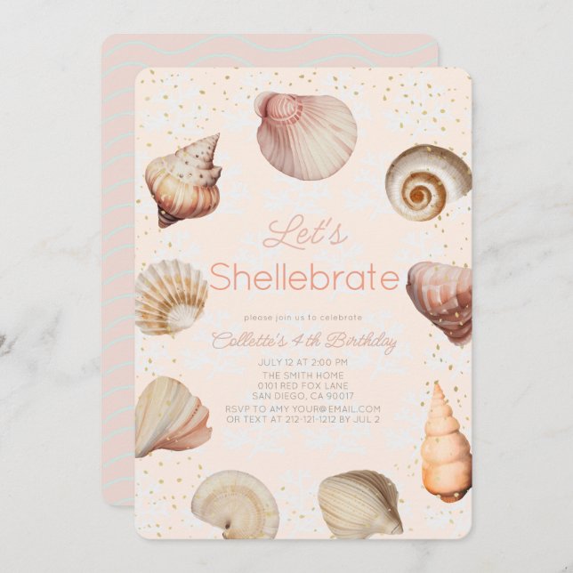 Shellebrate Seashell Realistic Pink Birthday Invitation (Front/Back)