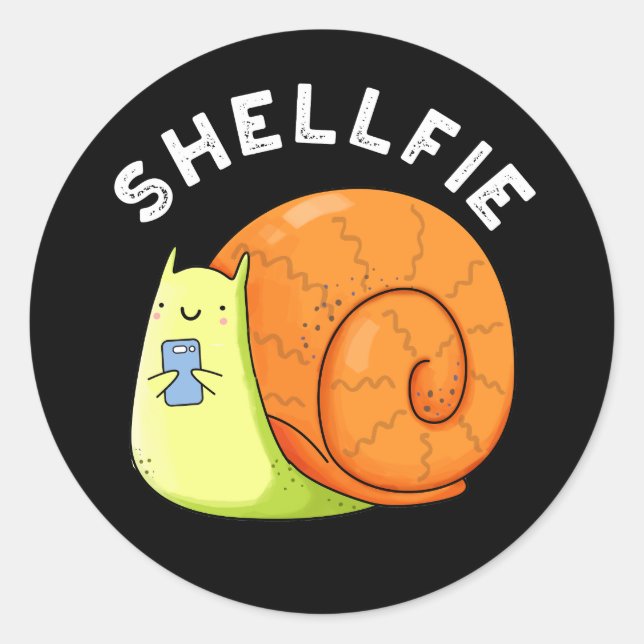 Shellfie Funny Snail Selfie Pun Dark BG Classic Round Sticker (Front)